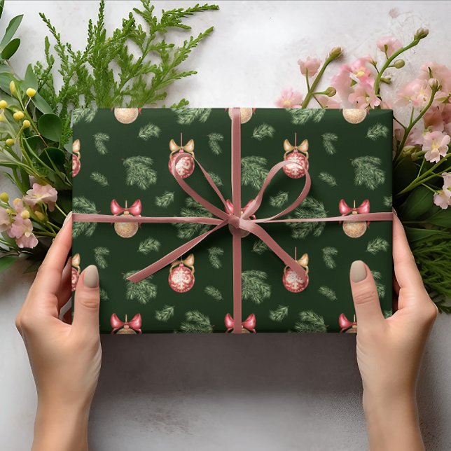 Christmas Balls with bows And Pine Twig Pattern Wrapping Paper (Creator Uploaded)
