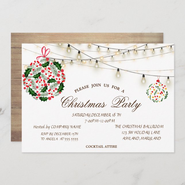 Christmas Balls,Wood,String Lights Christmas  Invitation (Front/Back)