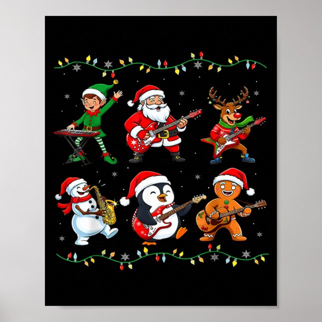 Christmas Band Santa Elf Reindeer Guitar Rock And  Poster (Front)