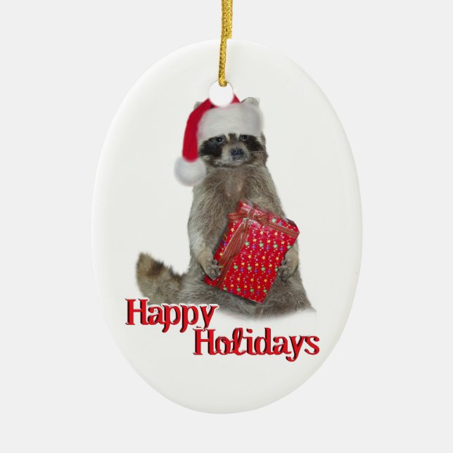 Christmas Bandit Racoon with Present Ceramic Tree Decoration (Front)