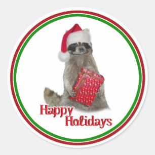 Christmas Bandit Racoon with Present Classic Round Sticker