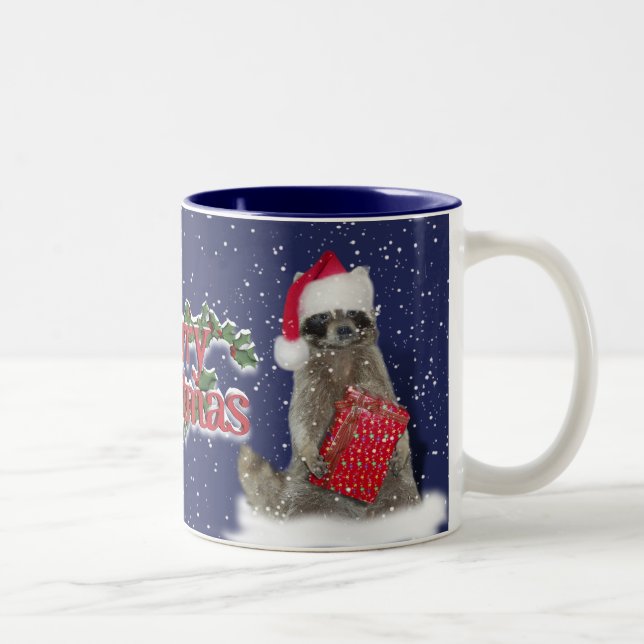 Christmas Bandit Racoon with Present Two-Tone Coffee Mug (Right)