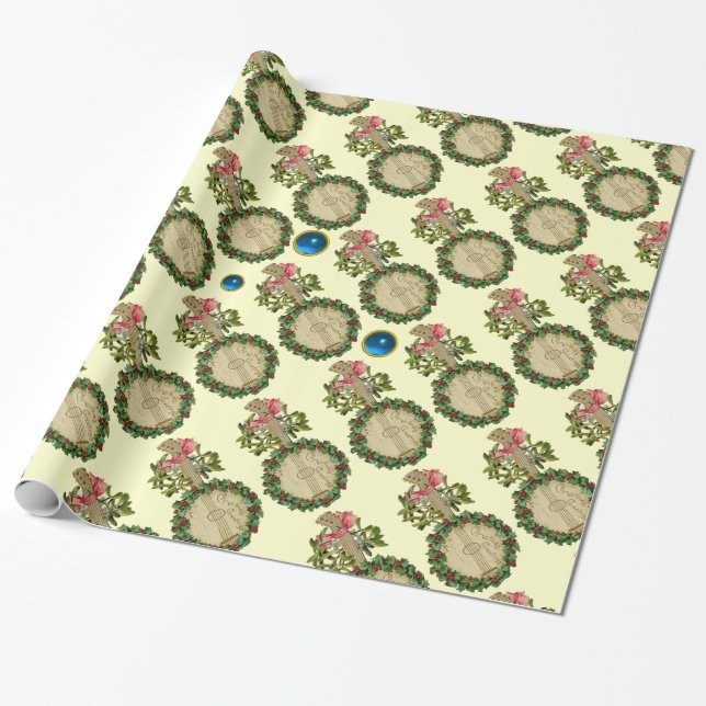 CHRISTMAS BANJO,MISTLETOES,HOLLY BERRIES,BLUE GEMS WRAPPING PAPER (Unrolled)