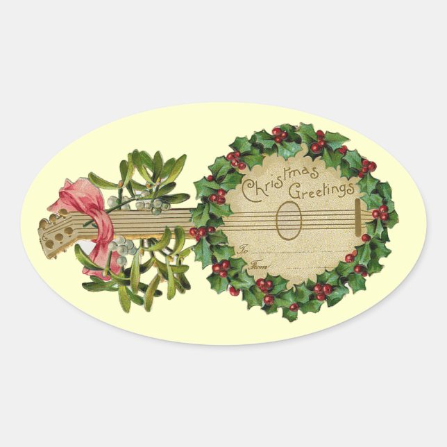 CHRISTMAS BANJO WITH MISTLETOES AND HOLLY BERRIES OVAL STICKER (Front)