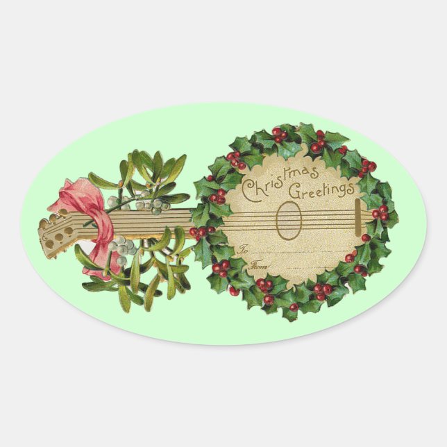 CHRISTMAS BANJO WITH MISTLETOES AND HOLLY BERRIES OVAL STICKER (Front)