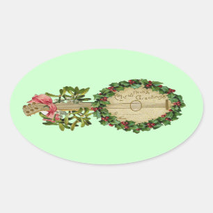 CHRISTMAS BANJO WITH MISTLETOES AND HOLLY BERRIES OVAL STICKER