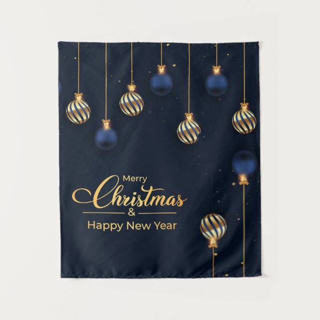 Christmas banner blue gold decorations greeting tapestry (Front)