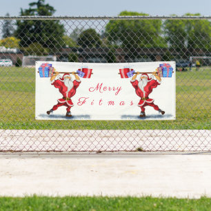 Christmas Banner Bodybuilder Santa with Gifts
