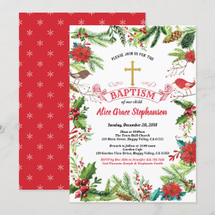 Christmas Baptism invitation. Red white gold cross Invitation