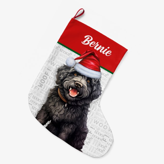 Christmas Barbet Dog Name Woof Large Christmas Stocking (Front (Hanging))