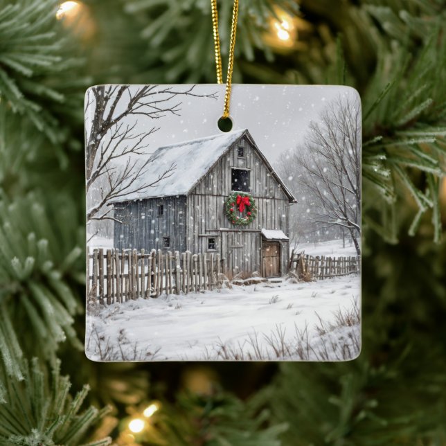 Christmas Barn In Snowflakes Ceramic Ornament (Tree)
