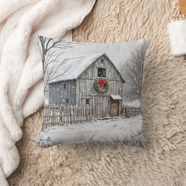 Christmas Barn In Snowflakes Cushion (Blanket)
