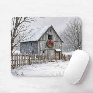 Christmas Barn In Snowflakes Mouse Mat