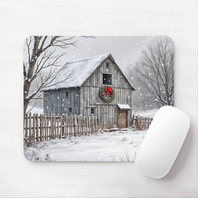 Christmas Barn In Snowflakes Mouse Mat (With Mouse)