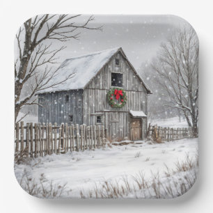 Christmas Barn In Snowflakes Paper Plate