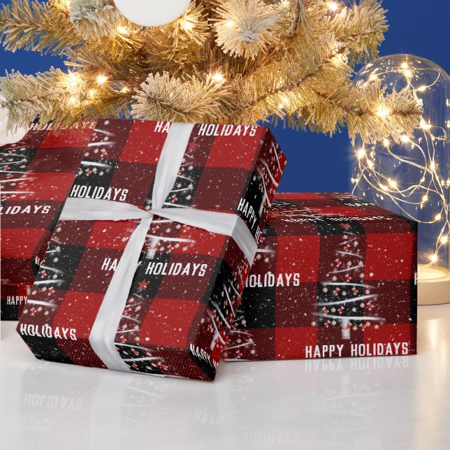 Christmas Baseball and Red Socks Tree On Plaid  Wrapping Paper (Holidays)