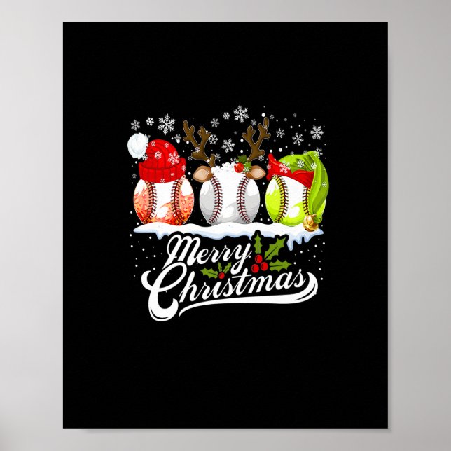 Christmas Baseball Ball Santa Hat Elf Reindeer Fun Poster (Front)