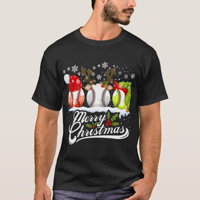 Christmas Baseball Ball Santa Hat Elf Reindeer Fun T-Shirt (Front)