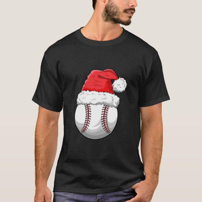 Christmas Baseball Ball Santa Hat Funny Sport Xmas T-Shirt (Front)