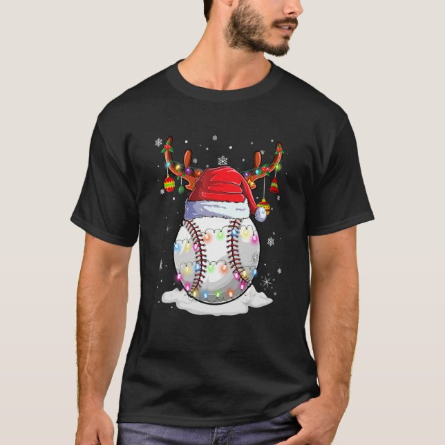 Christmas Baseball Ball Santa Hat Reindeer Lights  T-Shirt (Front)