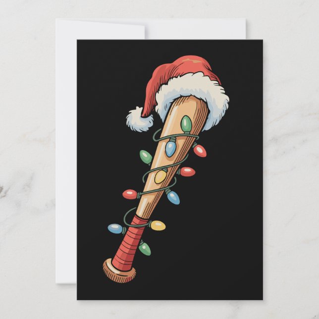 Christmas Baseball Bat Santa Hat Xmas Lights Retro Holiday Card (Front)