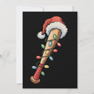 Christmas Baseball Bat Santa Hat Xmas Lights Retro Holiday Card