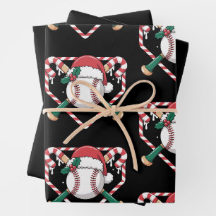 Christmas Baseball Candy Cane Bats Santa Hat Xmas Wrapping Paper Sheet