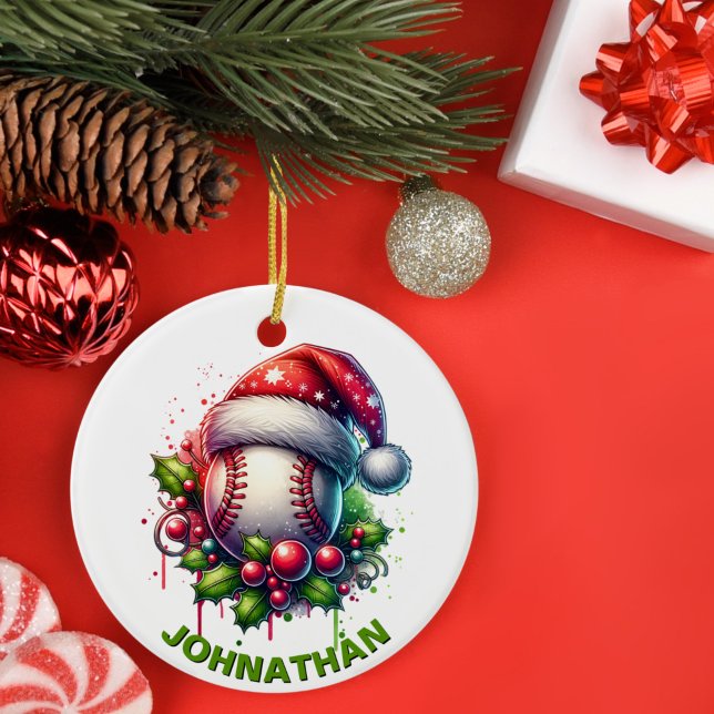 Christmas Baseball Custom Name with Santa Hat Ceramic Tree Decoration (Creator Uploaded)