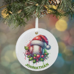 Christmas Baseball Custom Name with Santa Hat Glass Tree Decoration<br><div class="desc">Hit a home run with your holiday décor with this festive baseball ornament! Featuring a classic baseball wearing a Santa hat and surrounded by holly leaves and red berries, this ornament is perfect for any baseball fan who wants to bring their love of the game to the Christmas tree. Whether...</div>