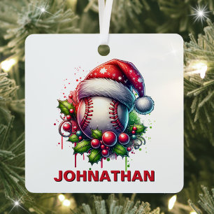 Christmas Baseball Custom Name with Santa Hat Metal Tree Decoration