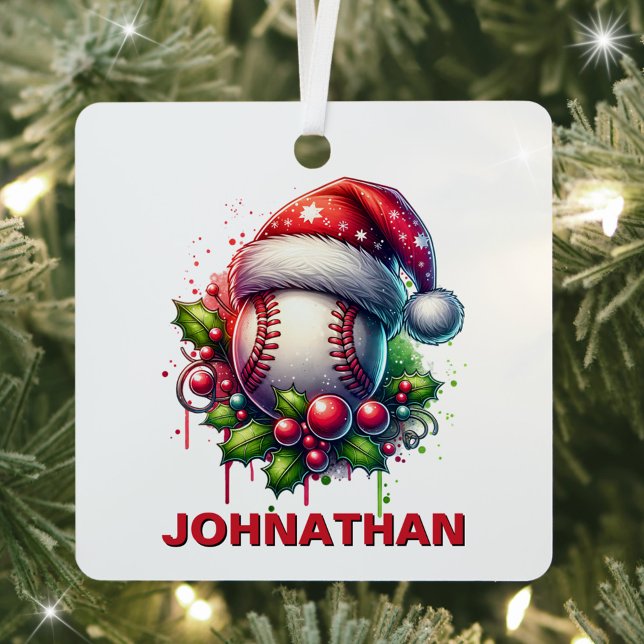 Christmas Baseball Custom Name with Santa Hat Metal Tree Decoration (Creator Uploaded)