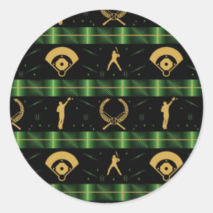 Christmas Baseball Player - Green Check Classic Round Sticker