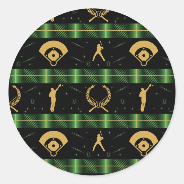 Christmas Baseball Player - Green Check Classic Round Sticker (Front)