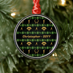 Christmas Baseball Player - Green Check Metal Tree Decoration