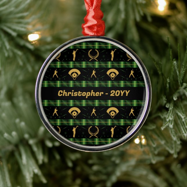Christmas Baseball Player - Green Check Metal Tree Decoration (Tree)