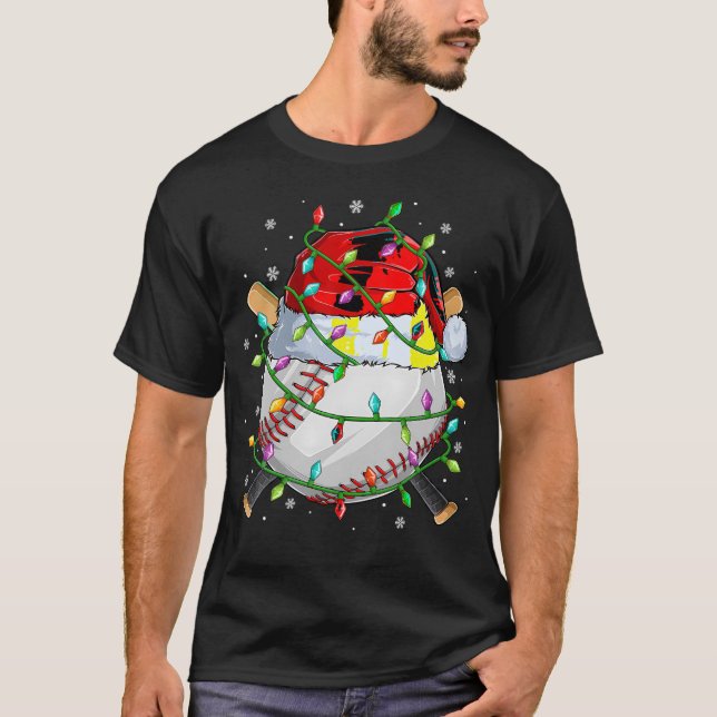 Christmas Baseball Player Santa Hat Lights Xmas T-Shirt (Front)