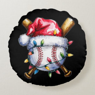 Christmas Baseball Player Santa Hat Round Cushion