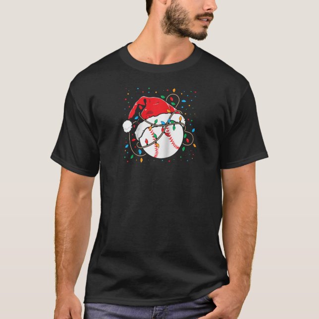 Christmas Baseball Santa Hat Xmas Lights Funny Coa T-Shirt (Front)