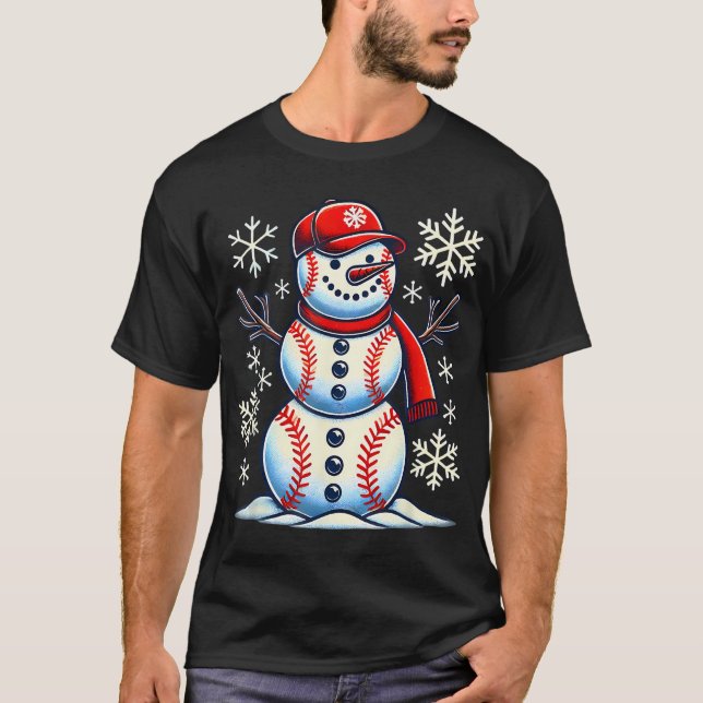 Christmas Baseball Snowman Boys Baseball Christmas T-Shirt (Front)