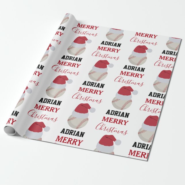 Christmas Baseball Sports Ball Custom Name Wrapping Paper (Unrolled)