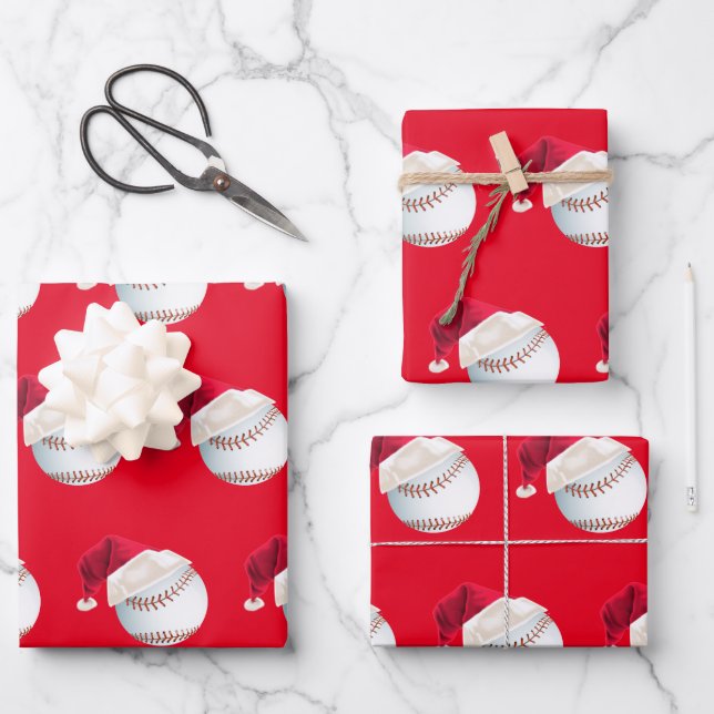 Christmas Baseball Sports Santa Holiday Set Wrapping Paper Sheet (Front)