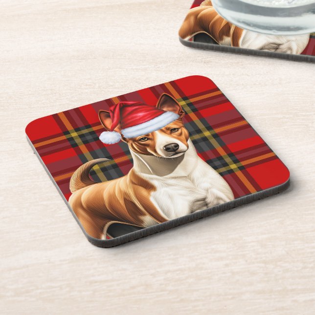 Christmas Basenji Dog Red and Green Plaid Holiday Coaster (Left Side)