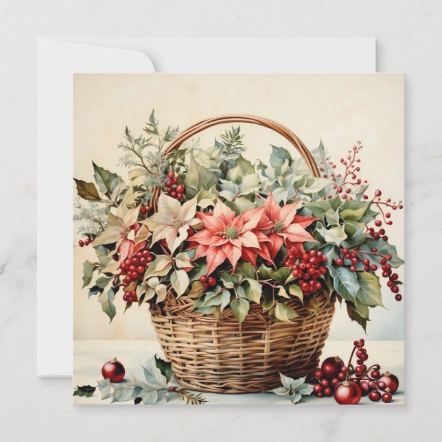 Christmas Basket with Poinsettia Flowers, Berries  Holiday Card (Front)