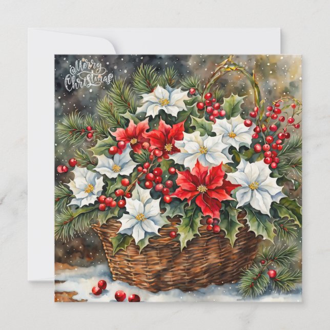 Christmas Basket with Poinsettia Flowers, Berries  Holiday Card (Front)