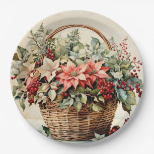 Christmas Basket with Poinsettia Flowers, Berries Paper Plate