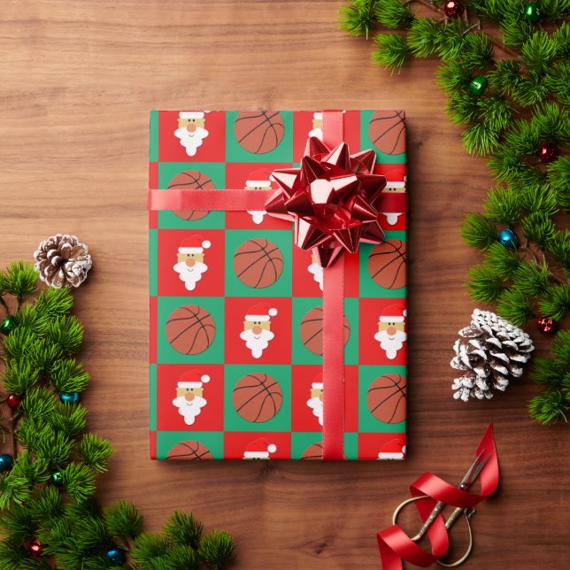 Christmas Basketball and Santa Red & Green Chequer Wrapping Paper (Holiday Gift)