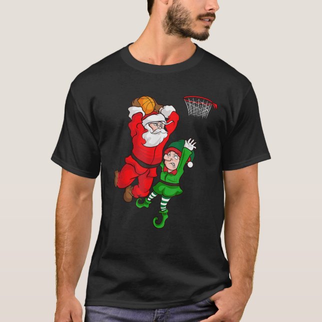 Christmas Basketball Santa Claus Slam Dunk Elf Fun T-Shirt (Front)