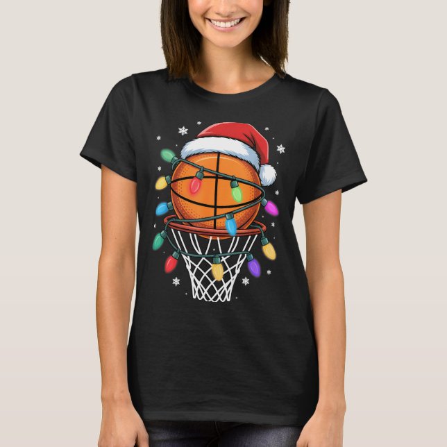 Christmas Basketball Santa Hat Xmas Light Basketba T-Shirt (Front)