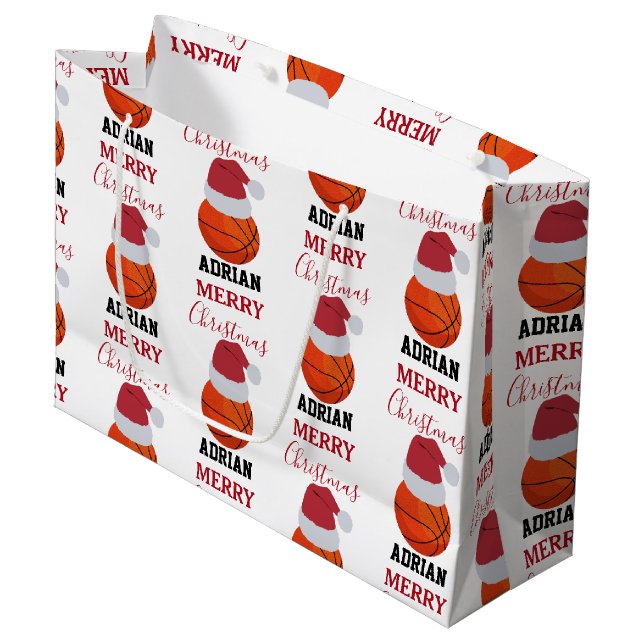 Christmas Basketball Sports Ball Custom Name Large Gift Bag (Front Angled)