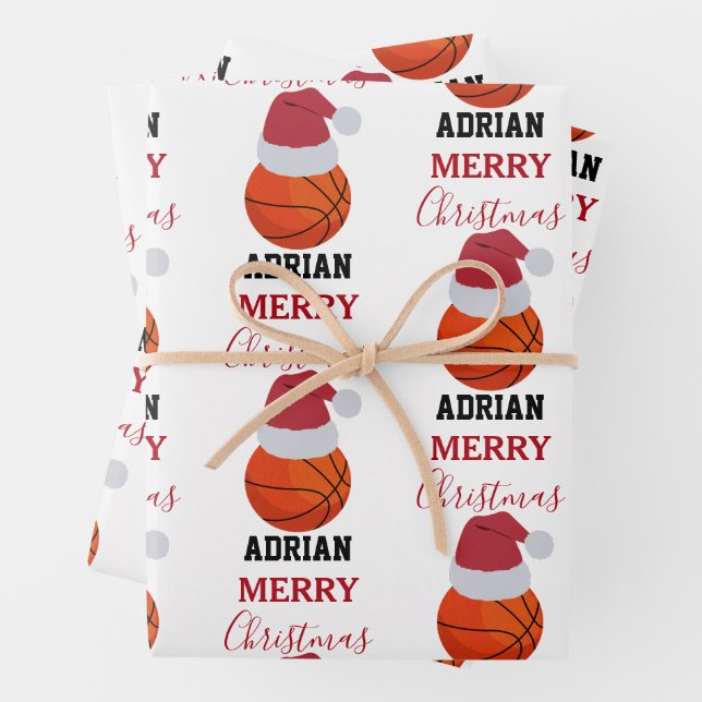 Christmas Basketball Sports Ball Custom Name Wrapping Paper Sheet (In situ)